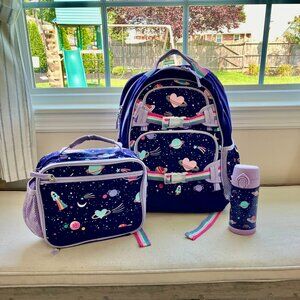Pottery Barn Kids Backpack, Lunchbox, Water Bottle 3pc Set Purple Rainbow Space